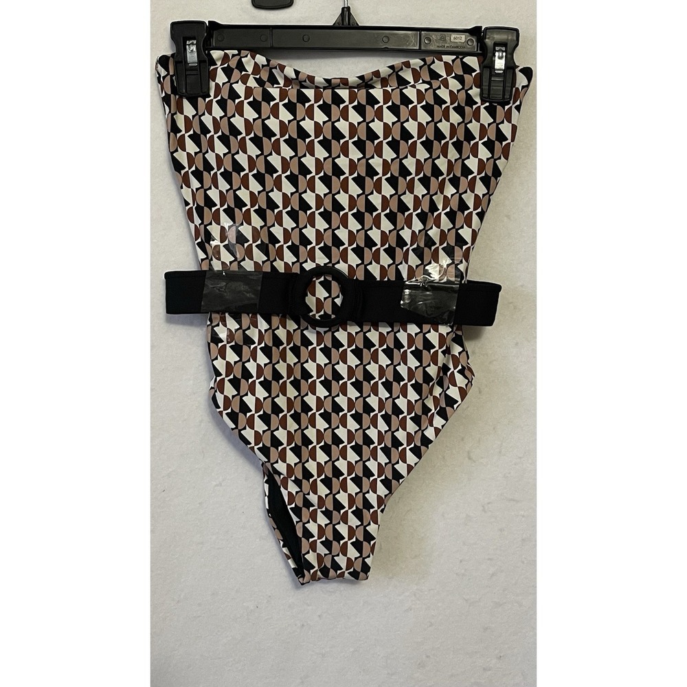Vici One Piece Swim Suit Brown/Black Geometric Pattern Waist Belt Strapless New